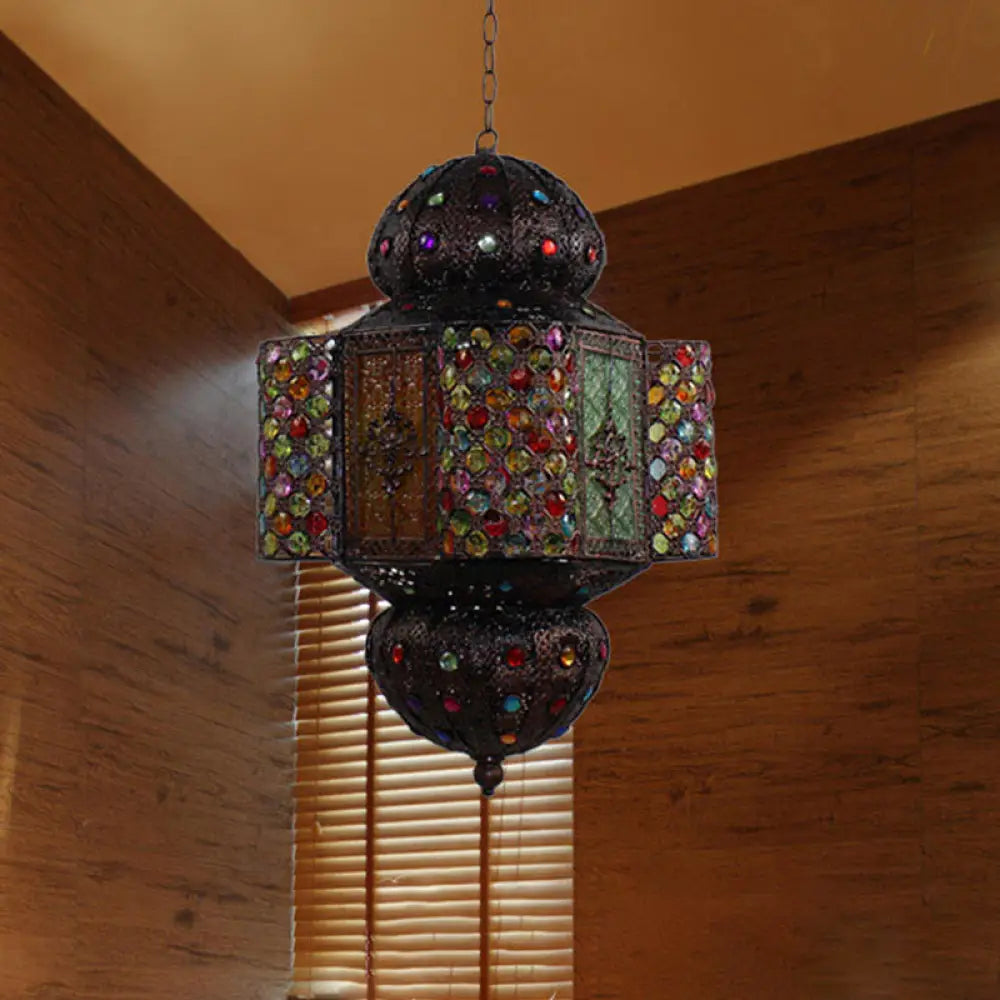 Handcrafted Stained Glass Moroccan Lantern Hanging Light Kit - Copper Pendant