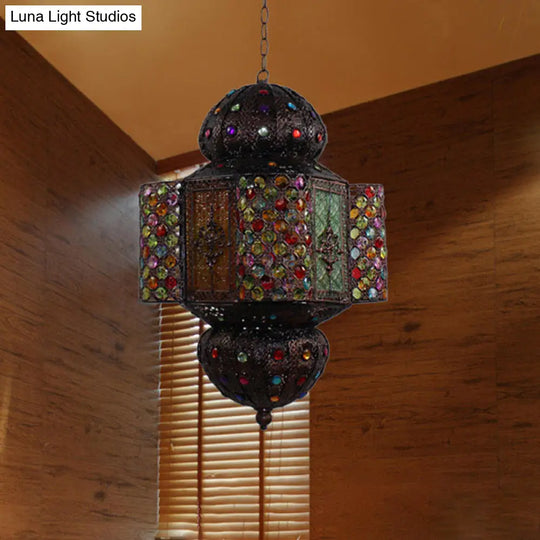 Handcrafted Stained Glass Moroccan Lantern Hanging Light Kit - Copper Pendant