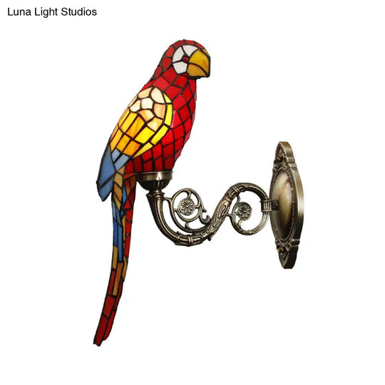 Handcrafted Stained Glass Parrot Wall Mount Lamp - Classic 1 Light Feature With White/Red/Yellow