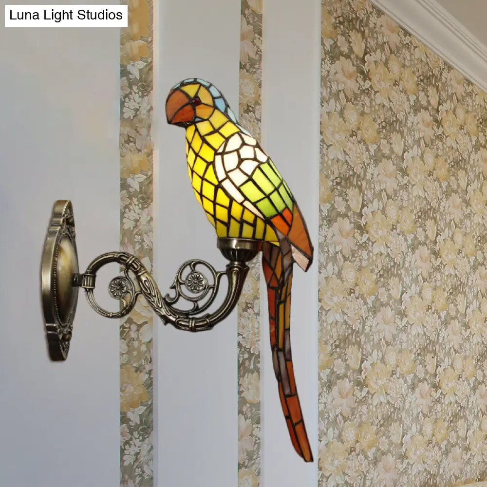 Handcrafted Stained Glass Parrot Wall Mount Lamp - Classic 1 Light Feature With White/Red/Yellow