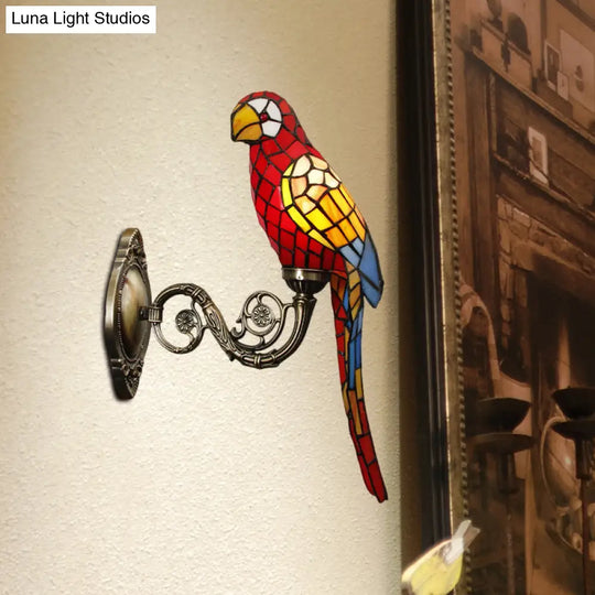 Handcrafted Stained Glass Parrot Wall Mount Lamp - Classic 1 Light Feature With White/Red/Yellow