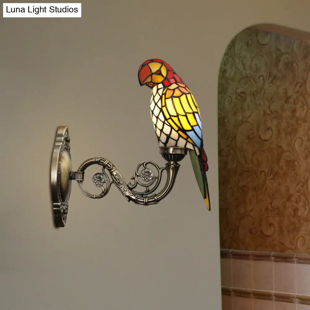 Handcrafted Stained Glass Parrot Wall Mount Lamp - Classic 1 Light Feature With White/Red/Yellow