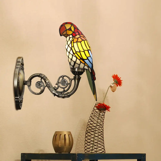 Handcrafted Stained Glass Parrot Wall Mount Lamp - Classic 1 Light Feature With White/Red/Yellow