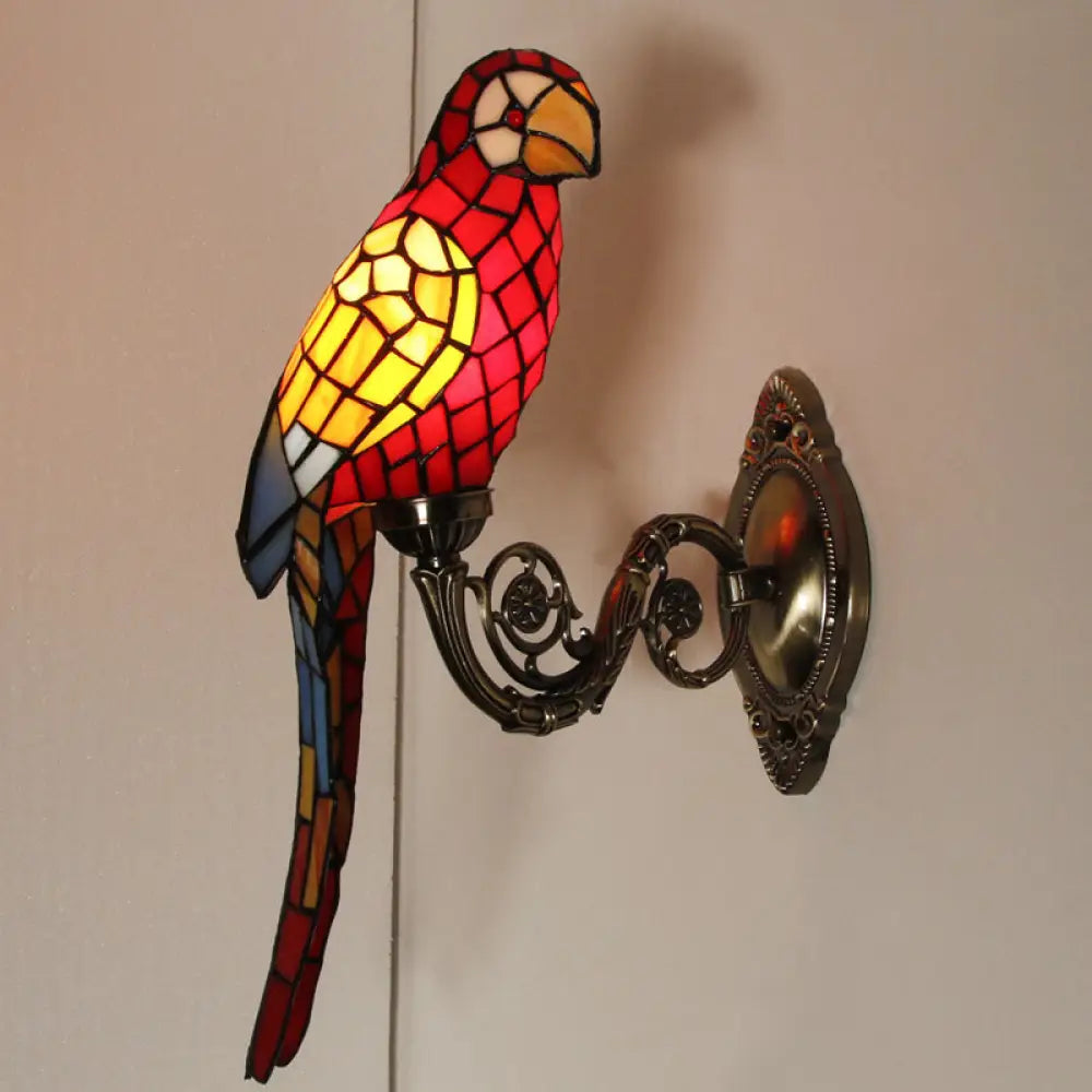 Handcrafted Stained Glass Parrot Wall Mount Lamp - Classic 1 Light Feature With White/Red/Yellow