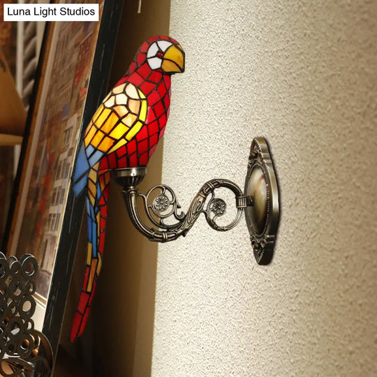 Handcrafted Stained Glass Parrot Wall Mount Lamp - Classic 1 Light Feature With White/Red/Yellow