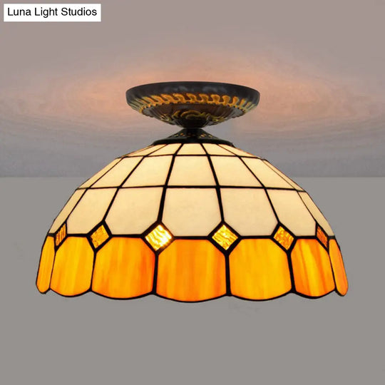 Handcrafted Stained Glass Tiffany Flush Mount Light: Led Grid Pattern 1 Bulb Close To Ceiling Lamp