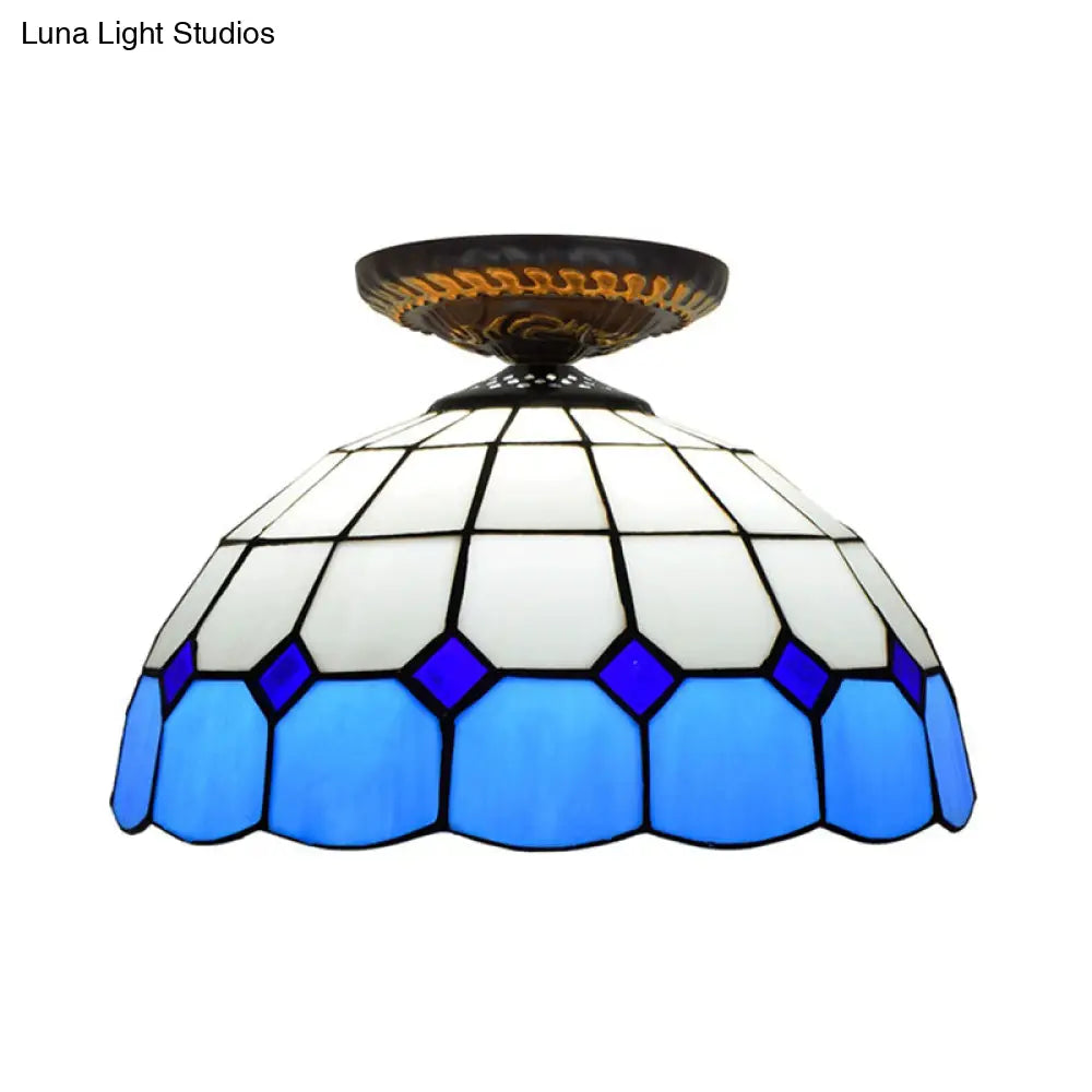 Handcrafted Stained Glass Tiffany Flush Mount Light: Led Grid Pattern 1 Bulb Close To Ceiling Lamp
