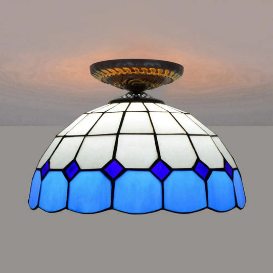 Handcrafted Stained Glass Tiffany Flush Mount Light: Led Grid Pattern 1 Bulb Close To Ceiling Lamp