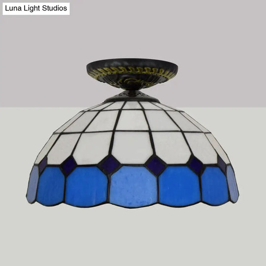 Handcrafted Stained Glass Tiffany Flush Mount Light: Led Grid Pattern 1 Bulb Close To Ceiling Lamp