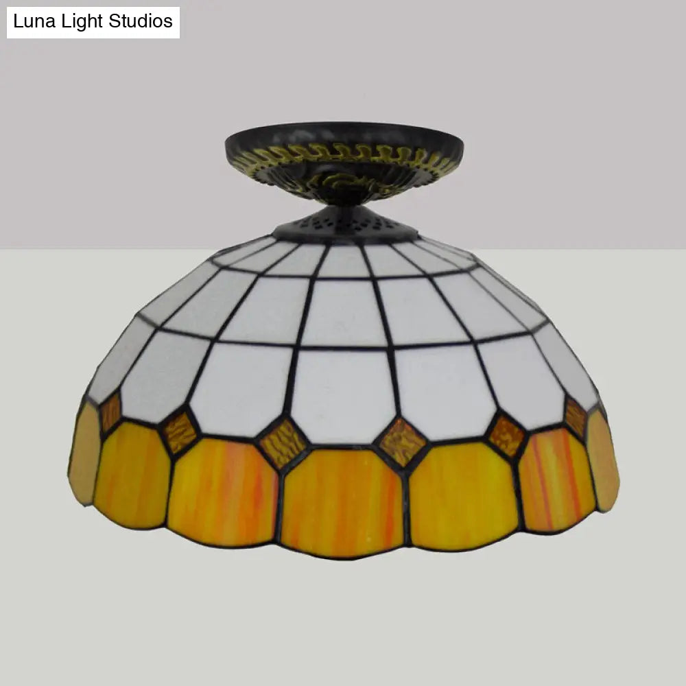 Handcrafted Stained Glass Tiffany Flush Mount Light: Led Grid Pattern 1 Bulb Close To Ceiling Lamp