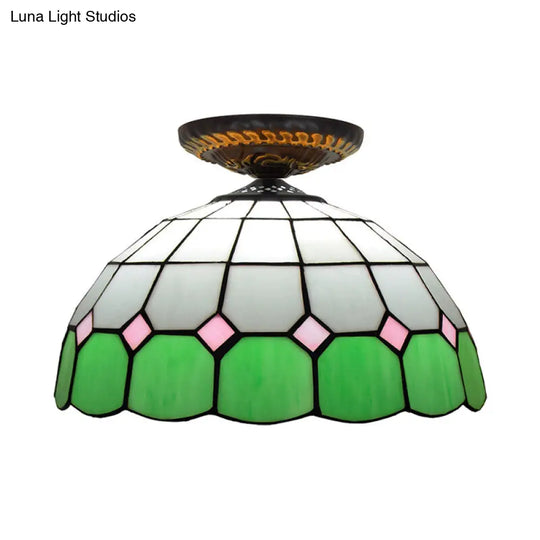 Handcrafted Stained Glass Tiffany Flush Mount Light: Led Grid Pattern 1 Bulb Close To Ceiling Lamp