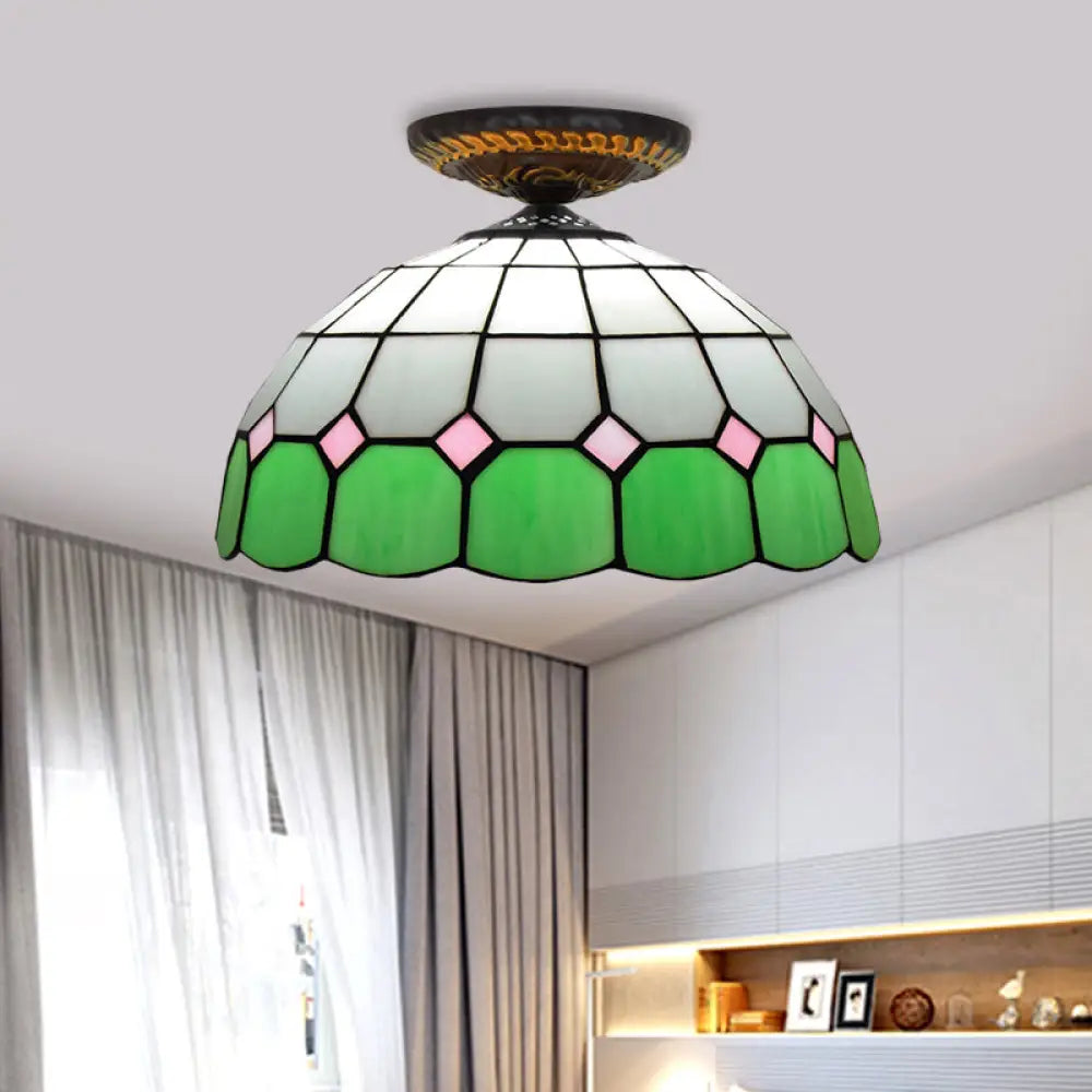 Handcrafted Stained Glass Tiffany Flush Mount Light: Led Grid Pattern 1 Bulb Close To Ceiling Lamp