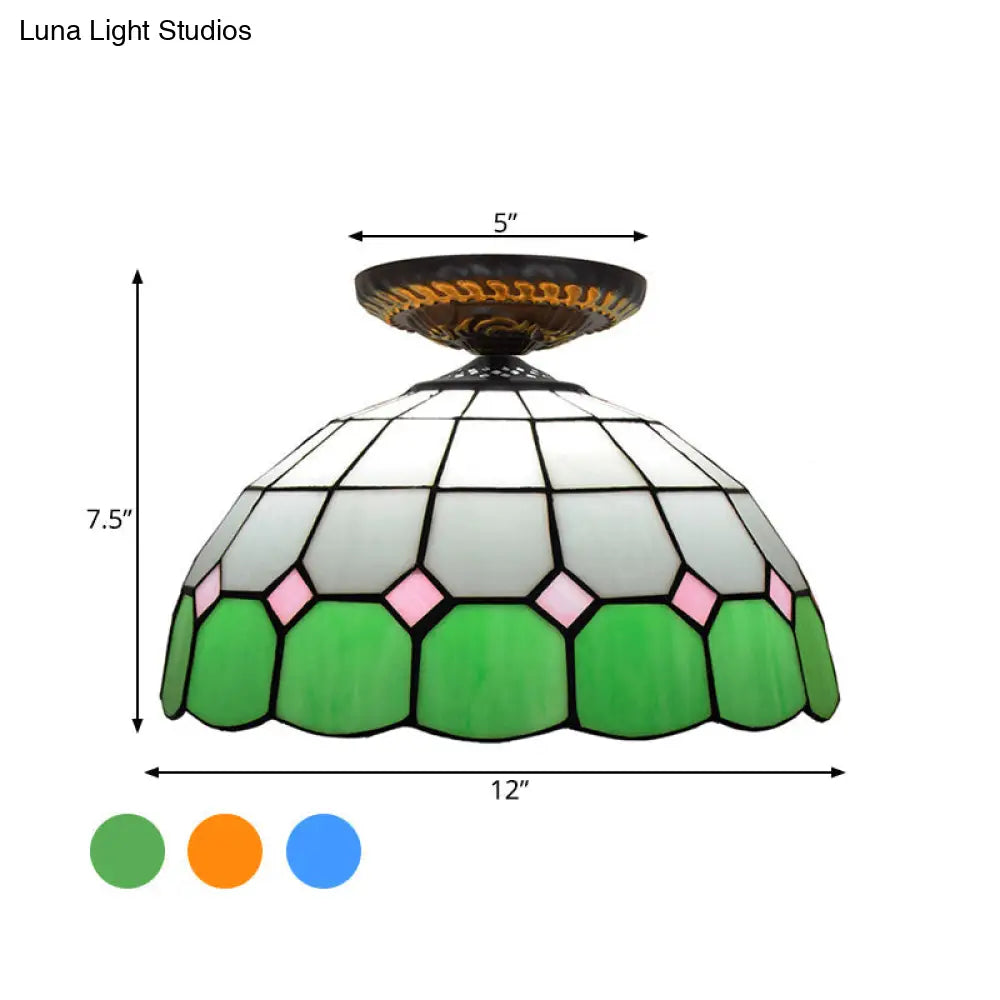 Handcrafted Stained Glass Tiffany Flush Mount Light: Led Grid Pattern 1 Bulb Close To Ceiling Lamp