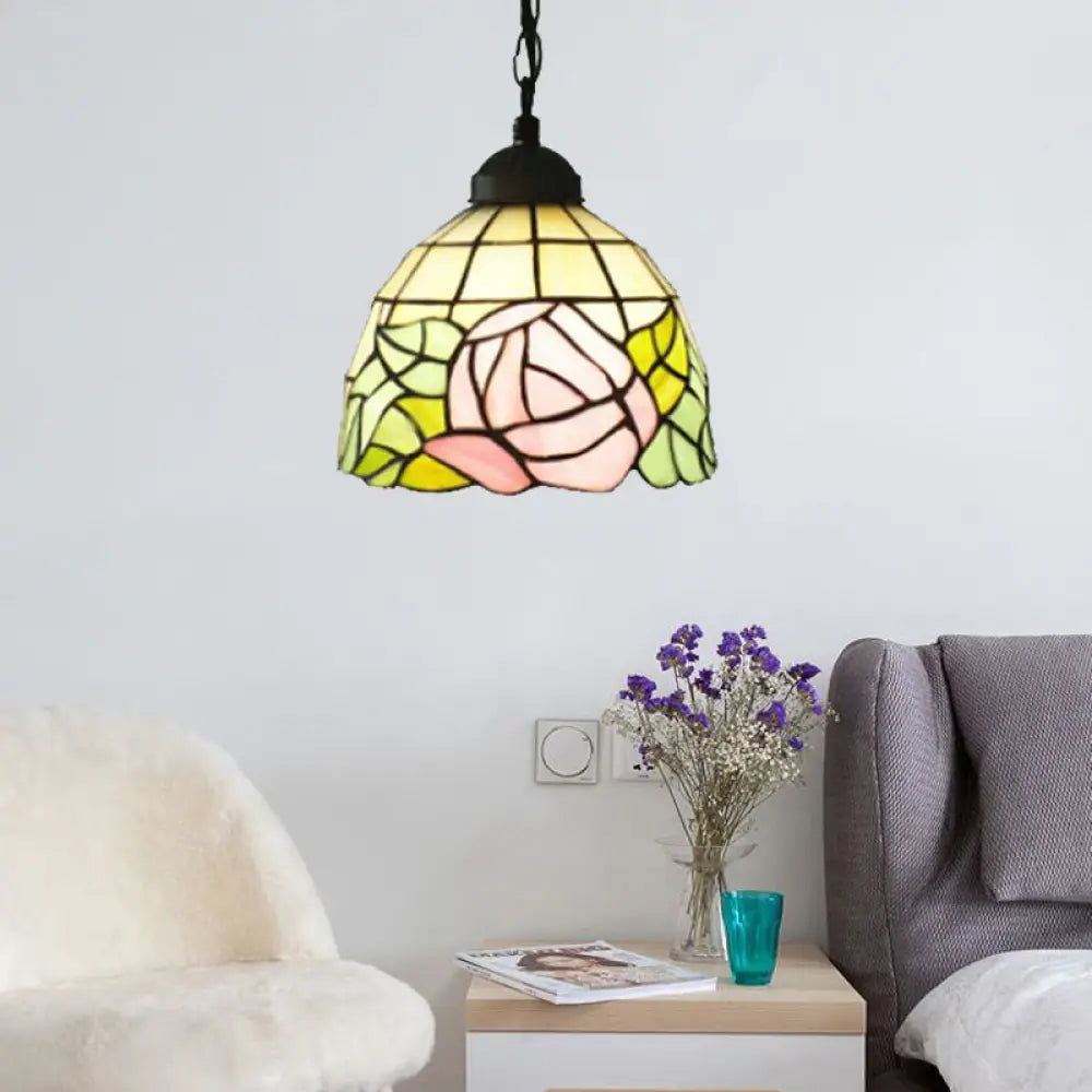 Handcrafted Tiffany Art Glass Ceiling Light - Pink-White/Green Design With Adjustable Chain