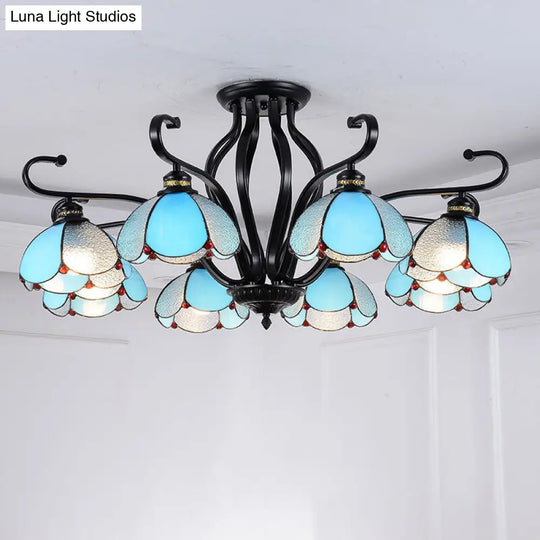 Handcrafted Scalloped Tiffany Glass Ceiling Chandelier For Living Room 8 / Blue