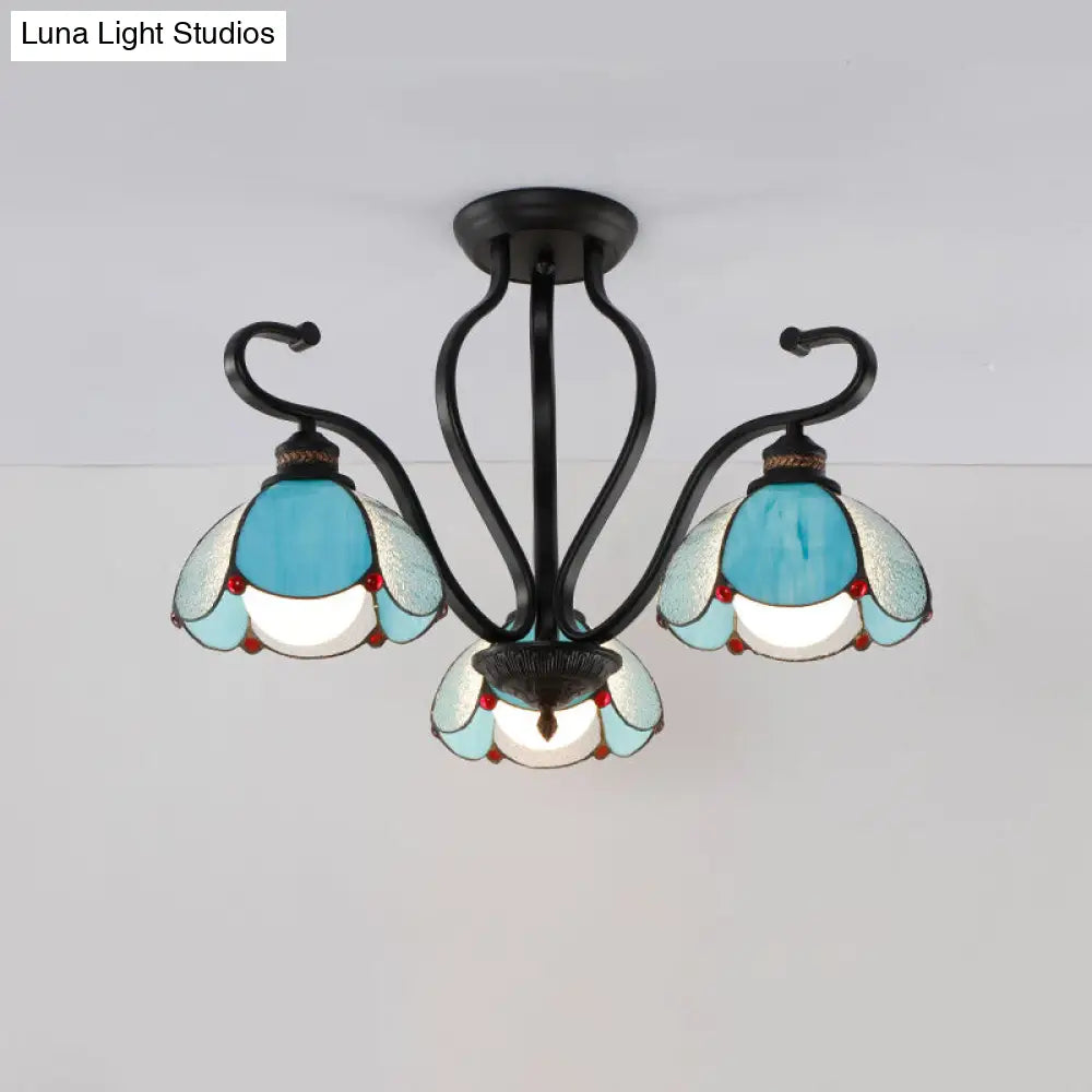Handcrafted Scalloped Tiffany Glass Ceiling Chandelier For Living Room 3 / Blue