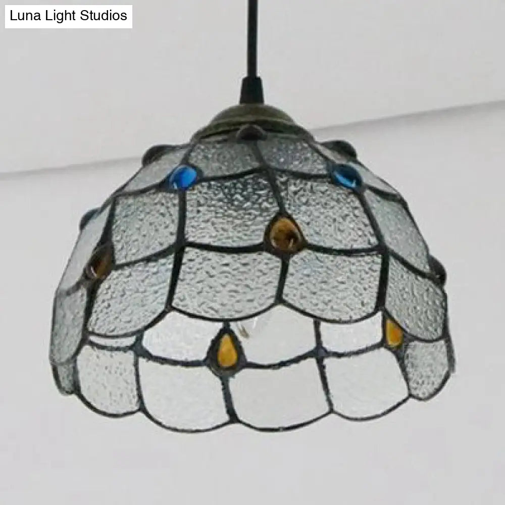 Handcrafted Tiffany-Style Art Glass Ceiling Light With White/Blue Textured Flare Design - 1 Head