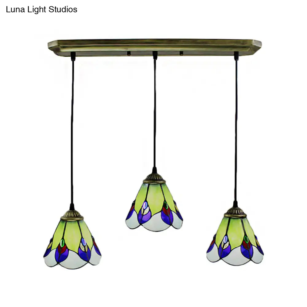 Handcrafted Tiffany-Style Green Glass Pendant Lamp For Bedroom - 3 Head Cone Cluster Suspension