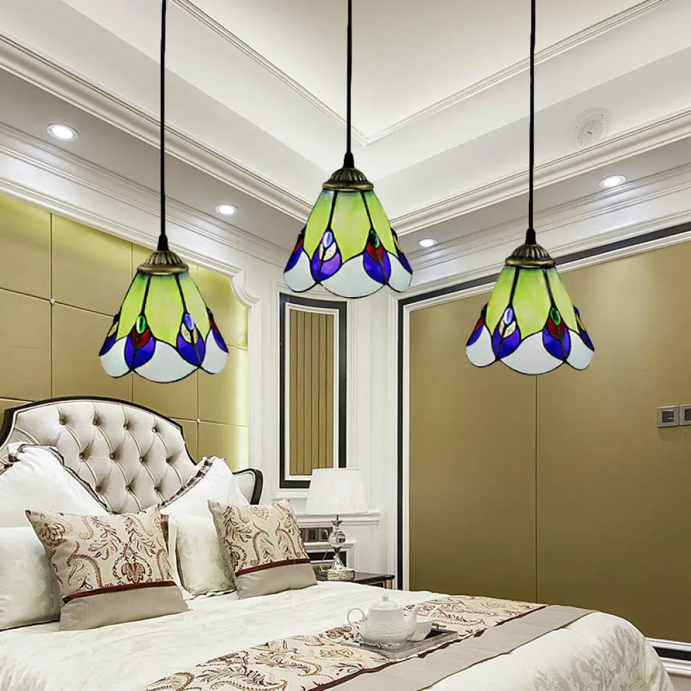 Handcrafted Tiffany-Style Green Glass Pendant Lamp For Bedroom - 3 Head Cone Cluster Suspension