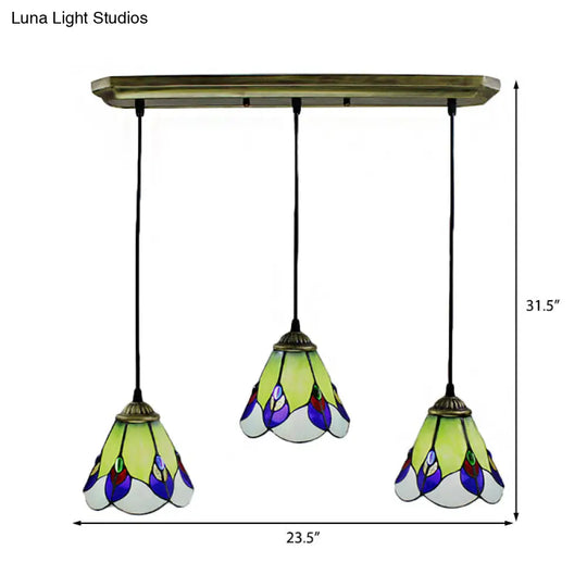 Handcrafted Tiffany-Style Green Glass Pendant Lamp For Bedroom - 3 Head Cone Cluster Suspension