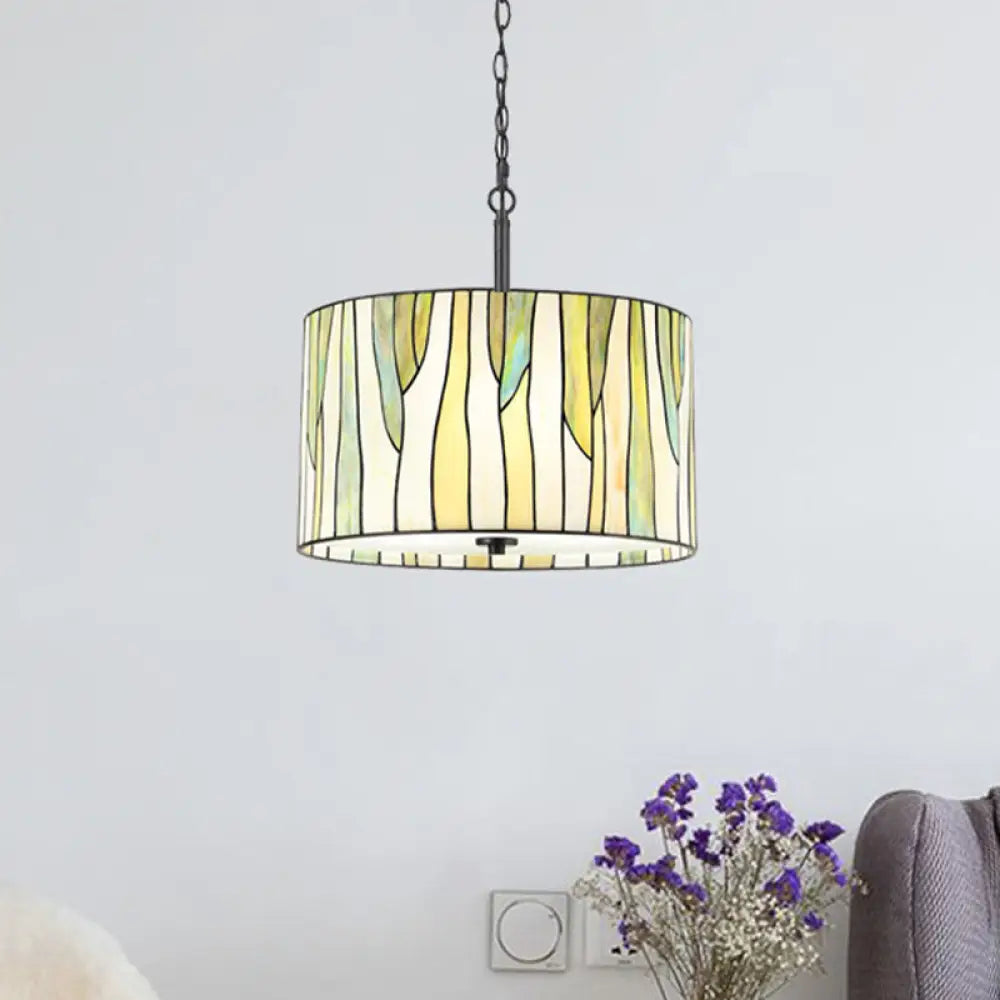 Handcrafted Tiffany Style Yellow Drum Suspension Lamp For Living Room