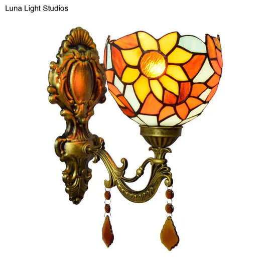 Handcrafted Tiffany Wall Mount Light Fixture - Stained Glass Sunflower Sconce Brass 1-Light