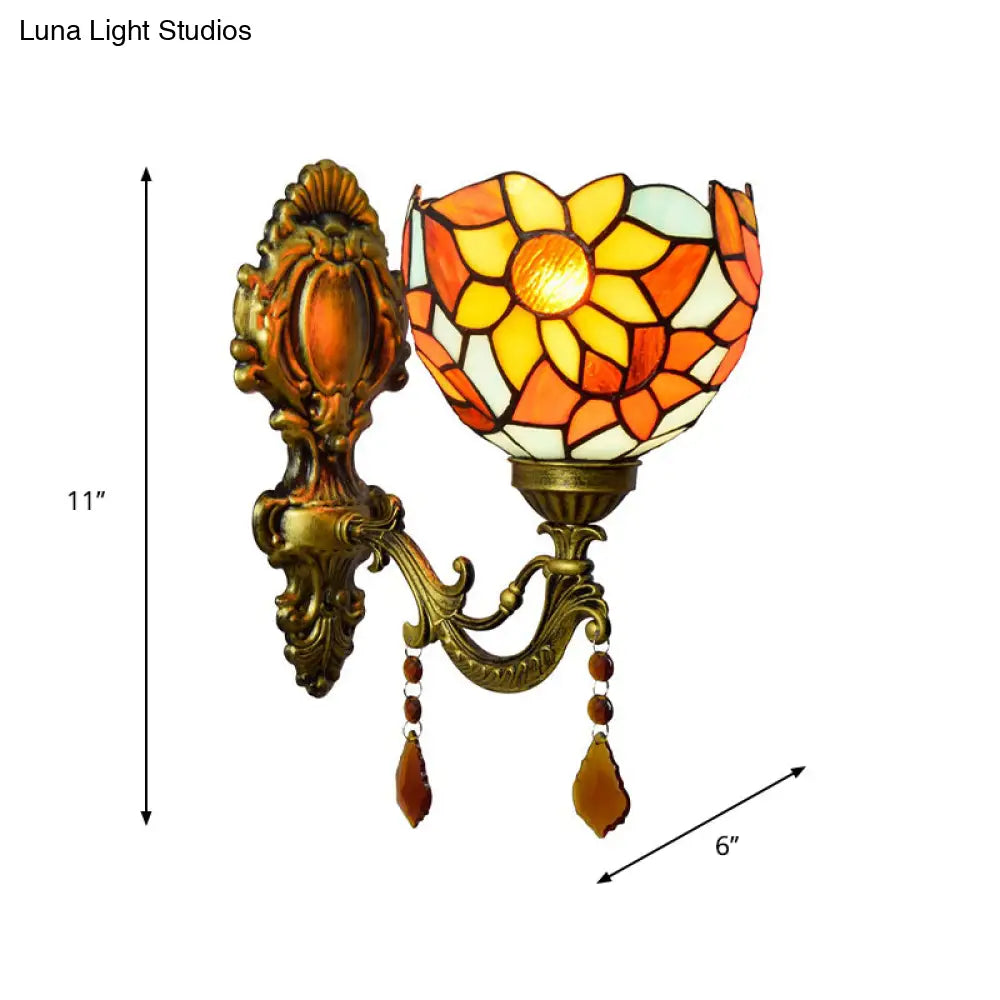 Handcrafted Tiffany Wall Mount Light Fixture - Stained Glass Sunflower Sconce Brass 1-Light