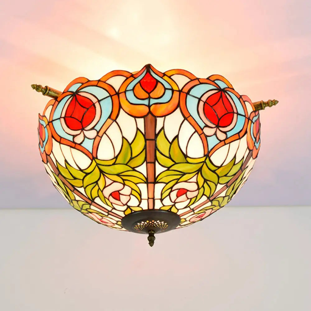 Handcrafted Victorian Blossom Stained Glass Semi Flush Mount Lamp With 5 Bulbs - Brass Ceiling