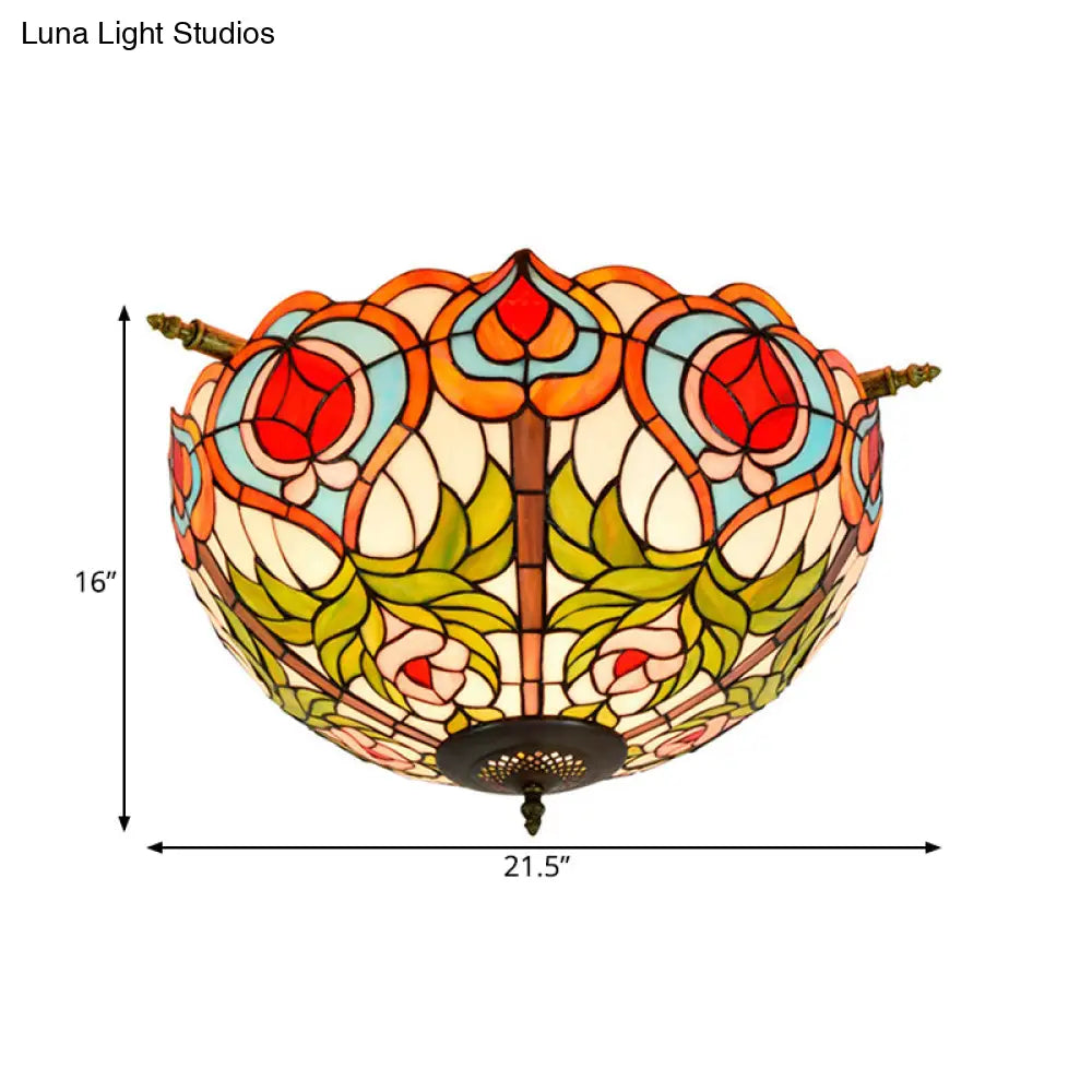 Handcrafted Victorian Blossom Stained Glass Semi Flush Mount Lamp With 5 Bulbs - Brass Ceiling