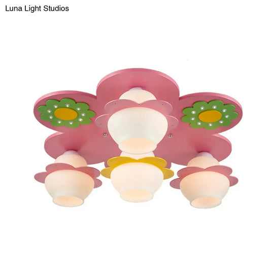 Handcrafted Wood Blossom Kids Flushmount Light With Pink Glass Shade - 4 - Light Ceiling Fixture