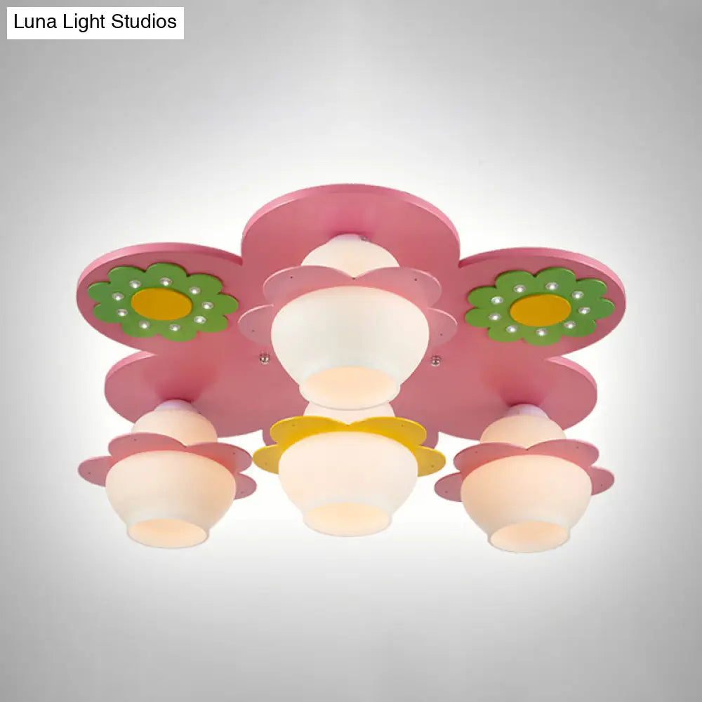 Handcrafted Wood Blossom Kids Flushmount Light With Pink Glass Shade - 4 - Light Ceiling Fixture