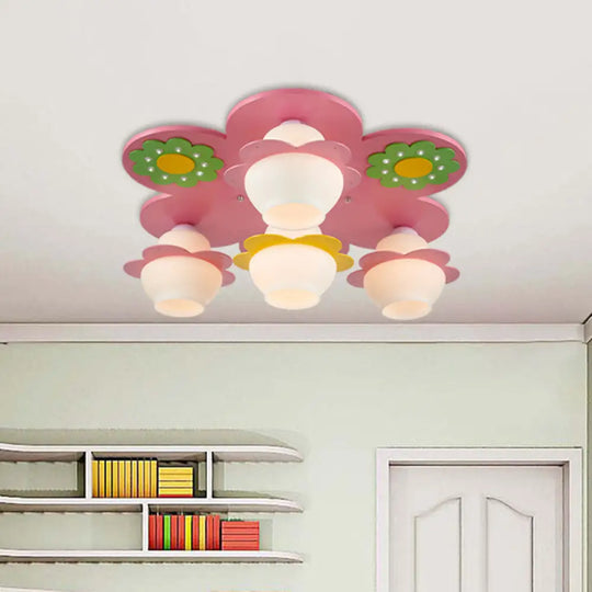 Handcrafted Wood Blossom Kids Flushmount Light With Pink Glass Shade - 4 - Light Ceiling Fixture