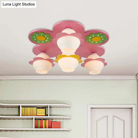 Handcrafted Wood Blossom Kids Flushmount Light With Pink Glass Shade - 4-Light Ceiling Fixture