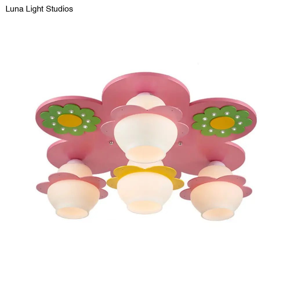 Handcrafted Wood Blossom Kids Flushmount Light With Pink Glass Shade - 4-Light Ceiling Fixture