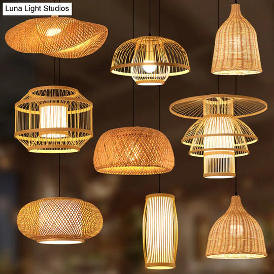 Handmade Asian Style Bamboo Ceiling Light Wood Fixture - Restaurant Hanging With 1 Bulb