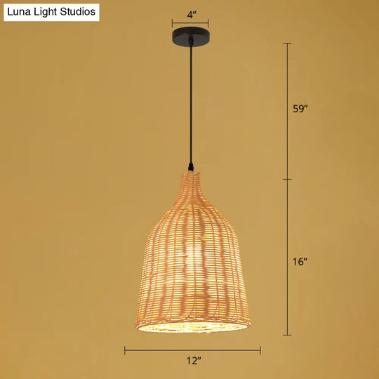 Handmade Asian Style Bamboo Ceiling Light Wood Fixture - Restaurant Hanging With 1 Bulb