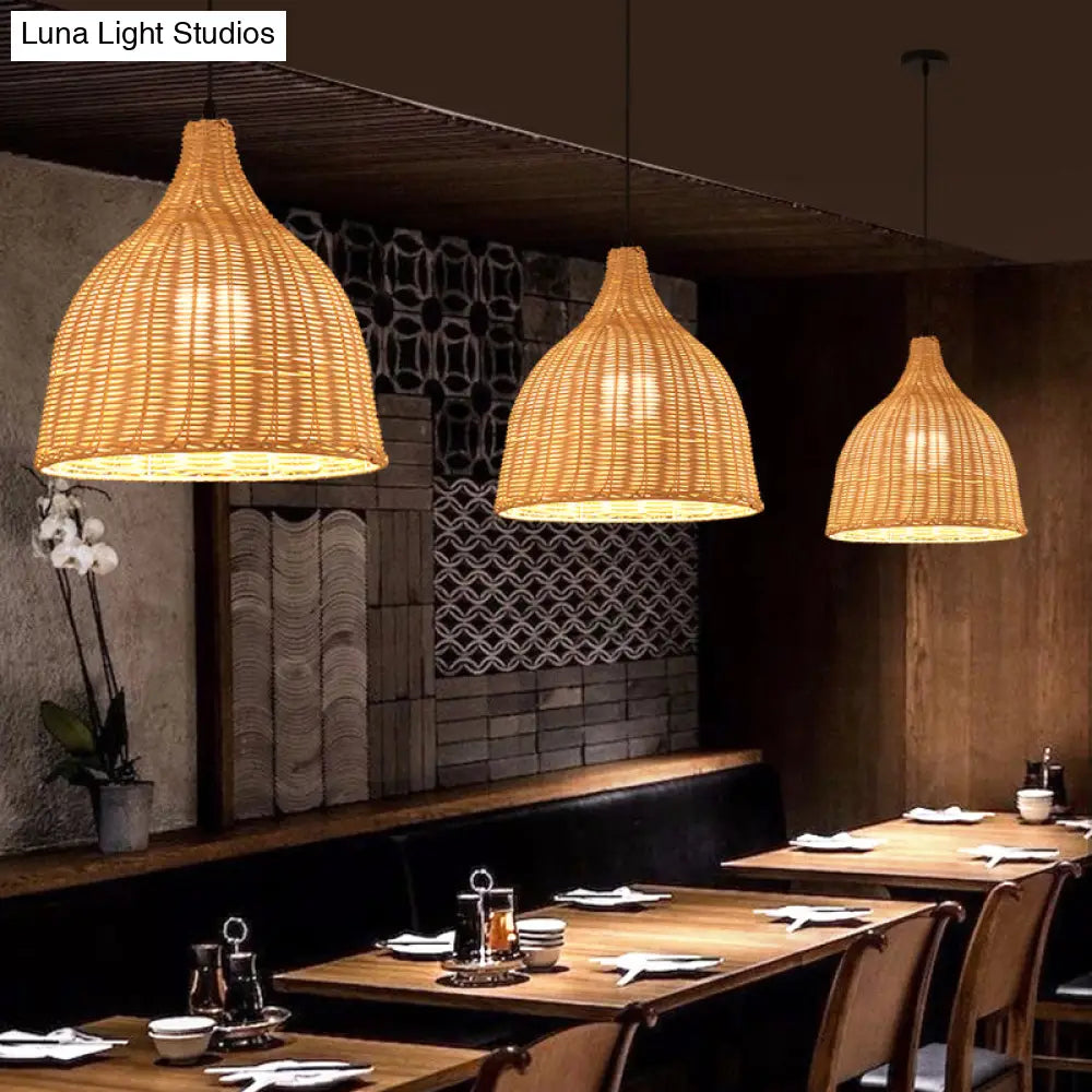 Handmade Asian Style Bamboo Ceiling Light Wood Fixture - Restaurant Hanging With 1 Bulb