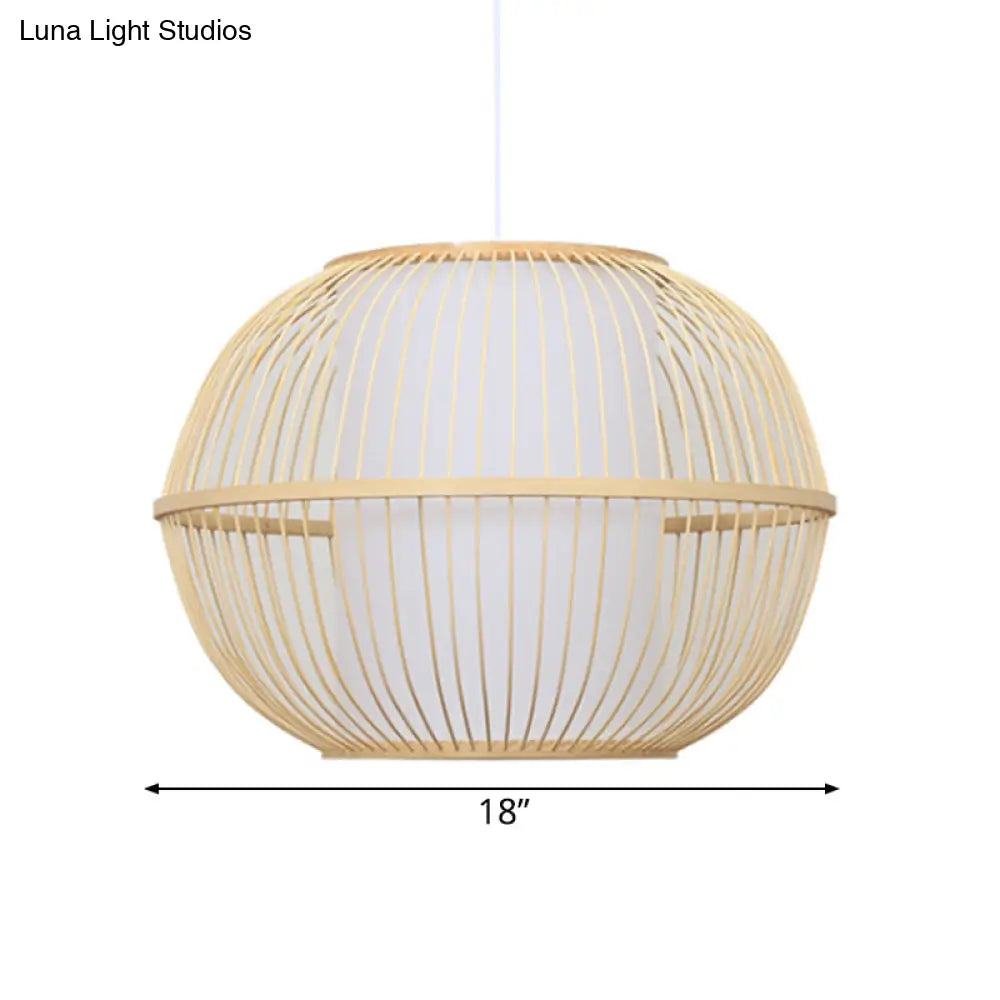 Handmade Asian Style Bamboo Hanging Light Fixture - 12/14 Width 1-Light Beige Suspended Lamp With