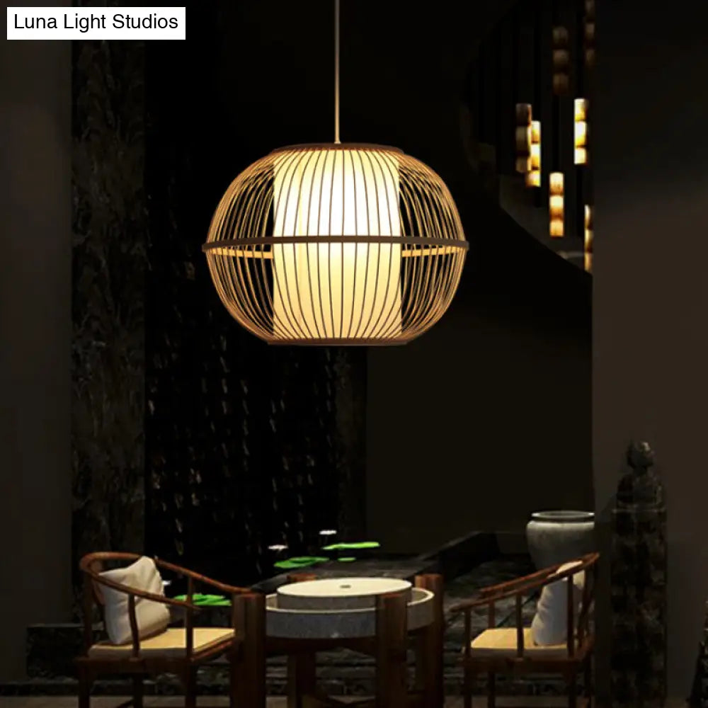 Handmade Asian Style Bamboo Hanging Light Fixture - 12/14 Width 1-Light Beige Suspended Lamp With