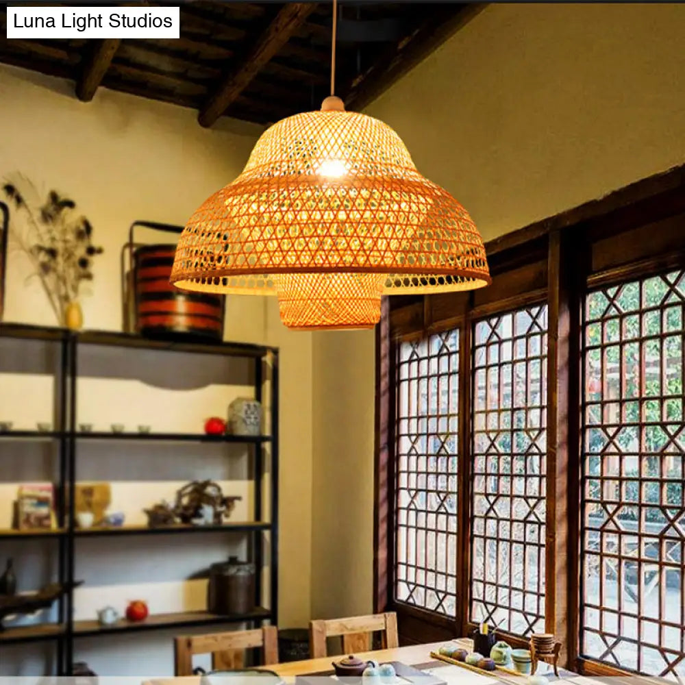 Handmade Bamboo Pendant Lighting Fixture - Traditional Wood Hanging Light With 1 Bulb

Or