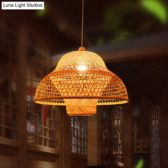 Handmade Bamboo Pendant Lighting Fixture - Traditional Wood Hanging Light With 1 Bulb

Or