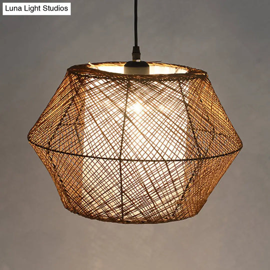 Handmade Asian Style Rattan Fiber Ceiling Pendant Light - Geometric Shade 1 Beige Suspended Lamp