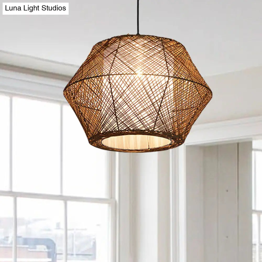 Handmade Asian Style Rattan Fiber Ceiling Pendant Light - Geometric Shade 1 Beige Suspended Lamp