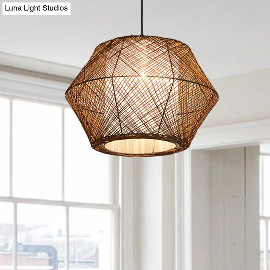 Handmade Asian Style Rattan Fiber Ceiling Pendant Light - Geometric Shade 1 Beige Suspended Lamp