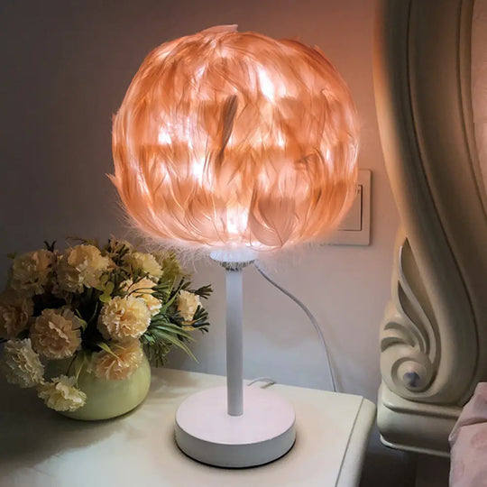 Handmade Nordic Style Feather Sphere Table Light - White/Pink/Rose Red Nightstand Lamp With Plug-In