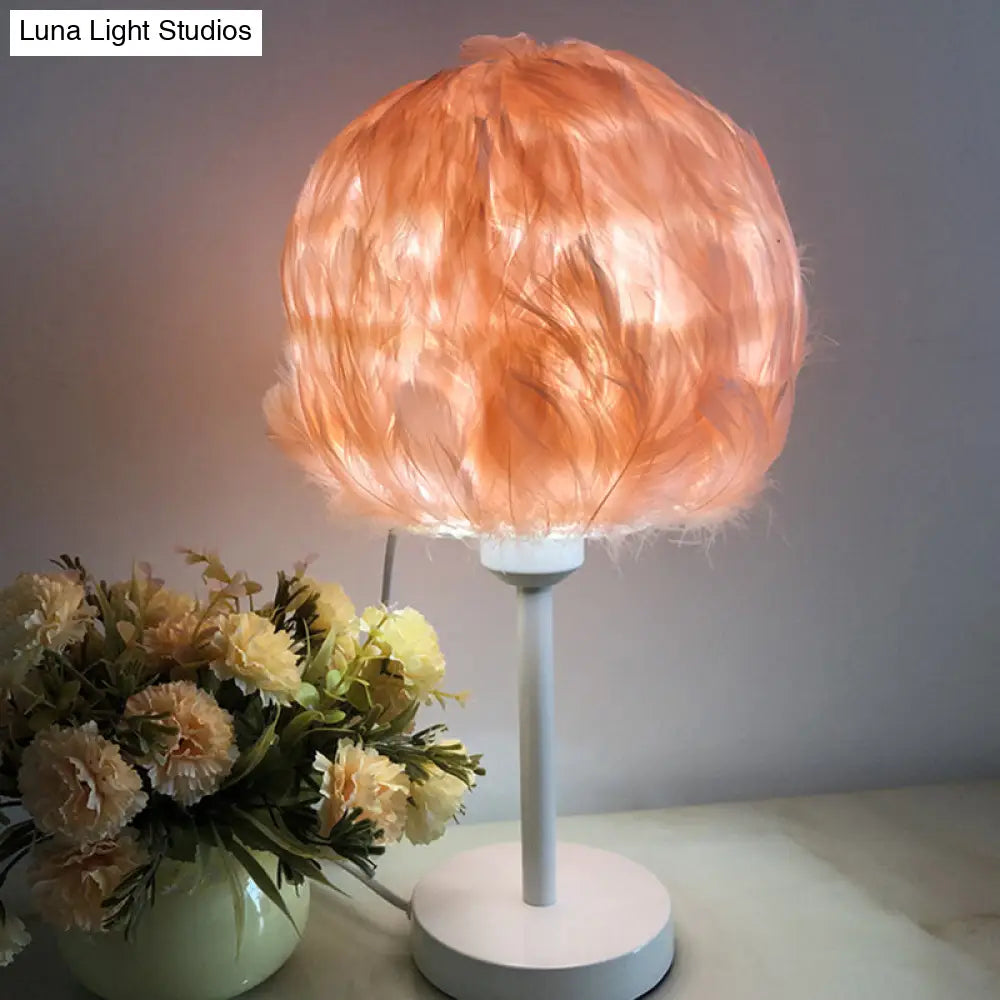 Handmade Nordic Style Feather Sphere Table Light - White/Pink/Rose Red Nightstand Lamp With Plug-In