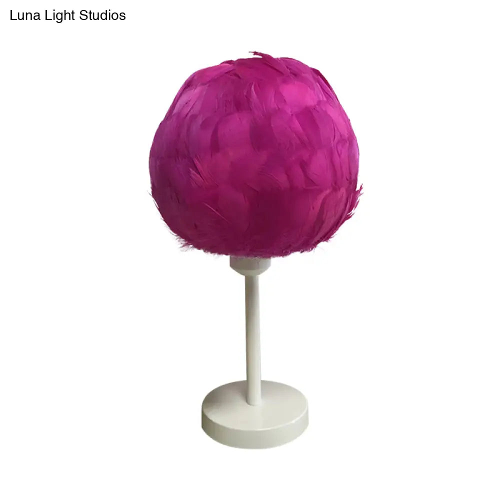 Handmade Nordic Style Feather Sphere Table Light - White/Pink/Rose Red Nightstand Lamp With Plug-In