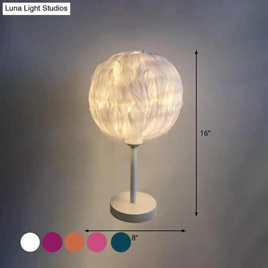 Handmade Nordic Style Feather Sphere Table Light - White/Pink/Rose Red Nightstand Lamp With Plug-In