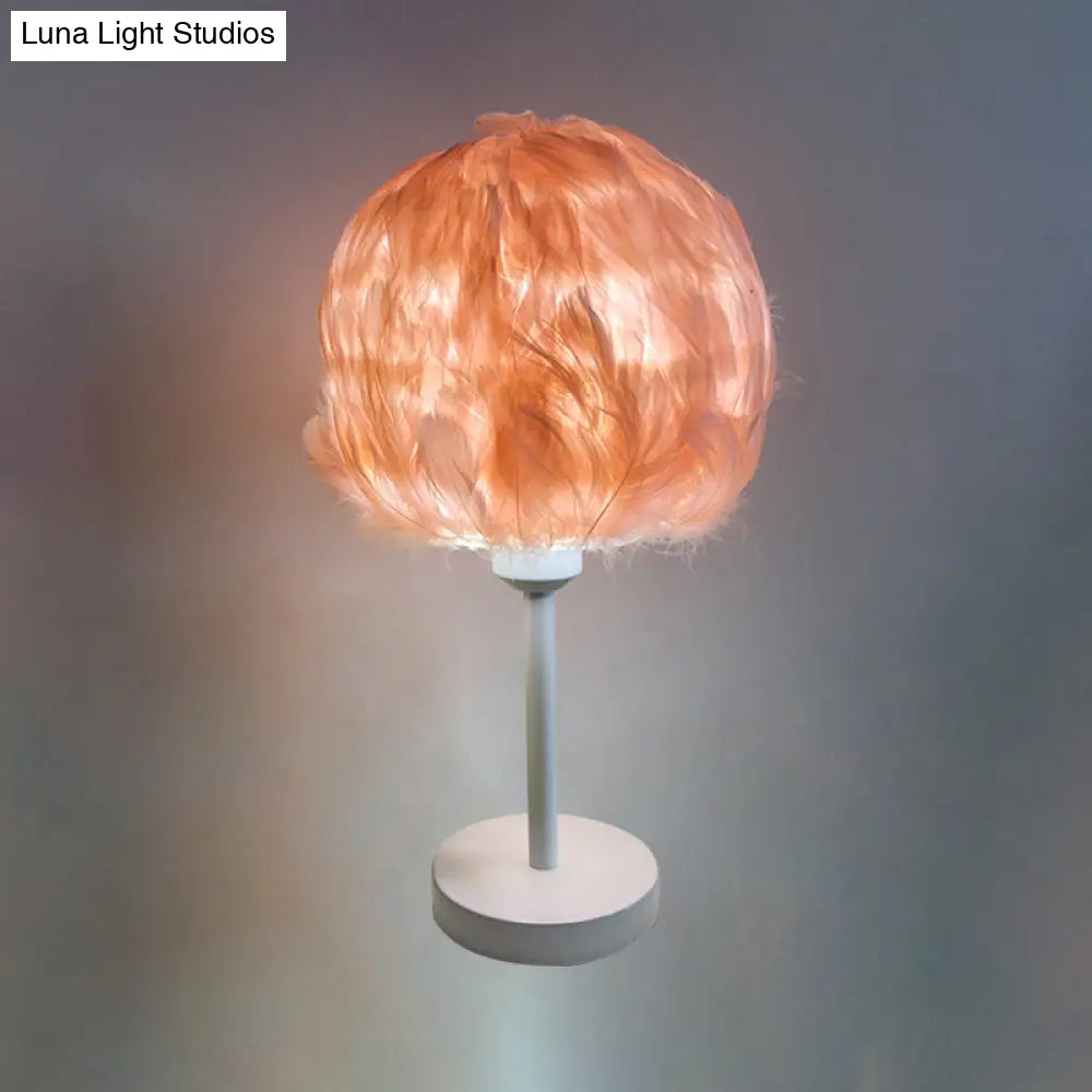 Handmade Nordic Style Feather Sphere Table Light - White/Pink/Rose Red Nightstand Lamp With Plug-In