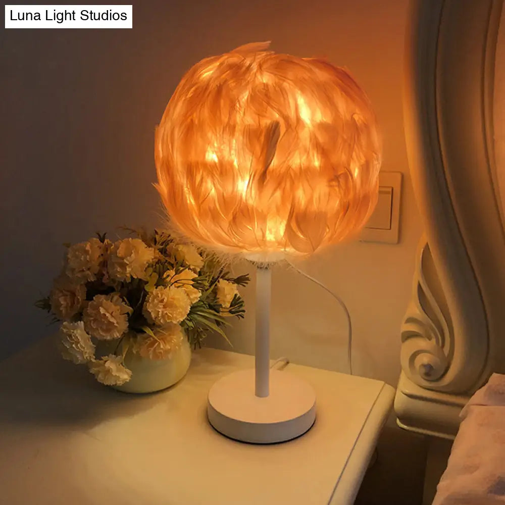 Handmade Nordic Style Feather Sphere Table Light - White/Pink/Rose Red Nightstand Lamp With Plug-In